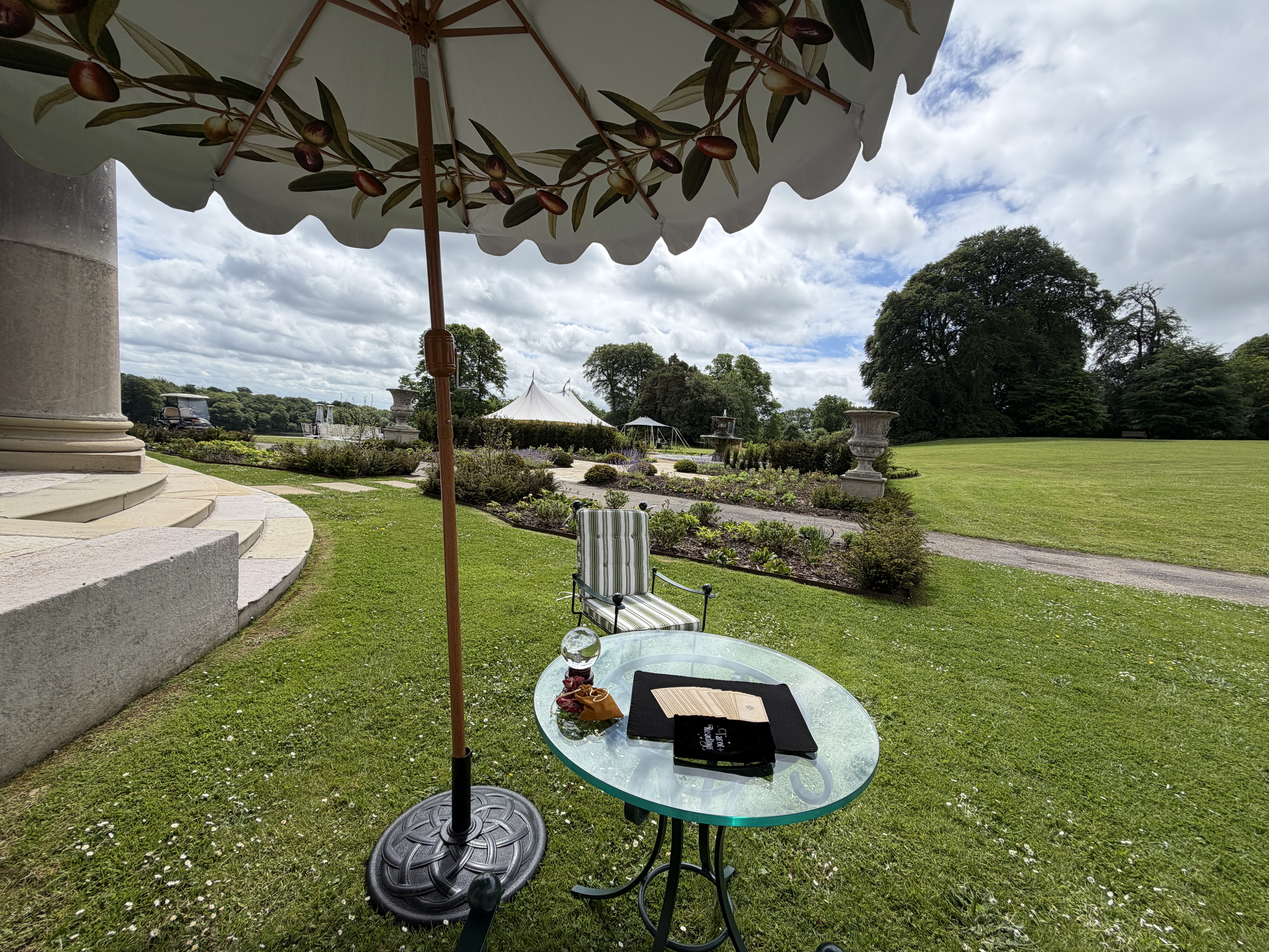 Outdoor tarot reading setup at Ballyfin Demesne